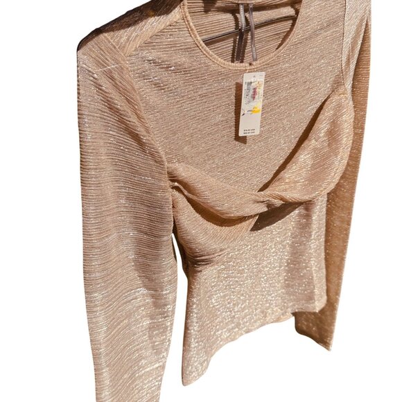 By Anthropologie Twist Front Shine Top Gold Metallic Long Sleeve Sheer Sz Small - Picture 8 of 8